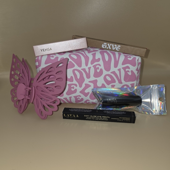 Other - Pink Love Makeup Bag with Butterfly Claw Clip 4 Pieces Of Makeup